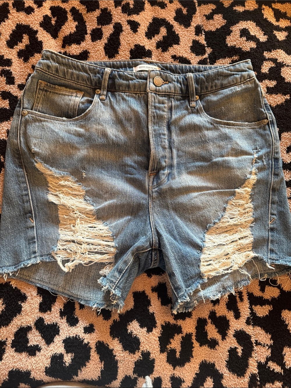 Good American Distressed Light Blue Denim Shorts